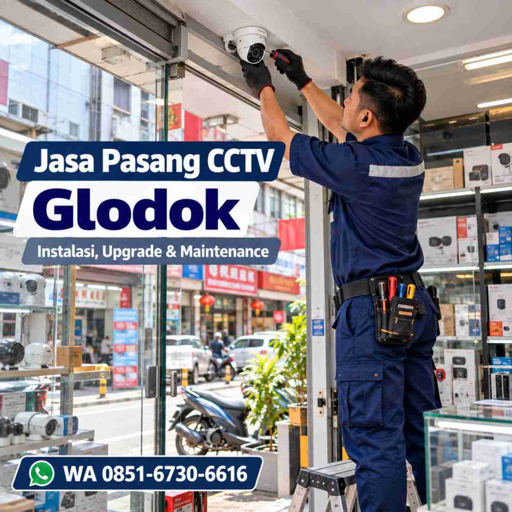 Teknisi jasa pasang CCTV Glodok memasang kamera CCTV di toko elektronik Taman Sari Jakarta Barat