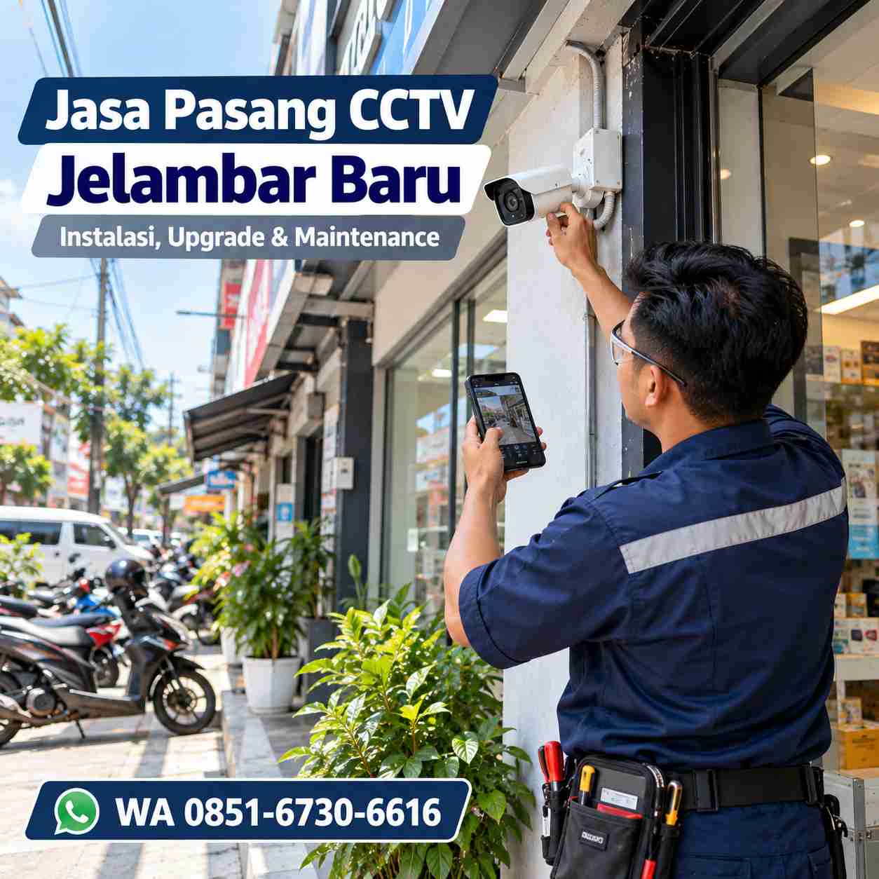 Teknisi jasa pasang CCTV Jelambar Baru mengecek kamera CCTV di area usaha Grogol Petamburan Jakarta Barat