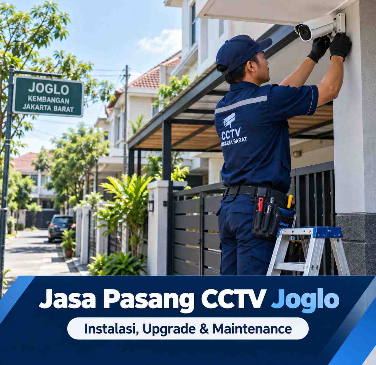 Teknisi jasa pasang CCTV Joglo sedang memasang kamera CCTV di rumah wilayah Kembangan Jakarta Barat