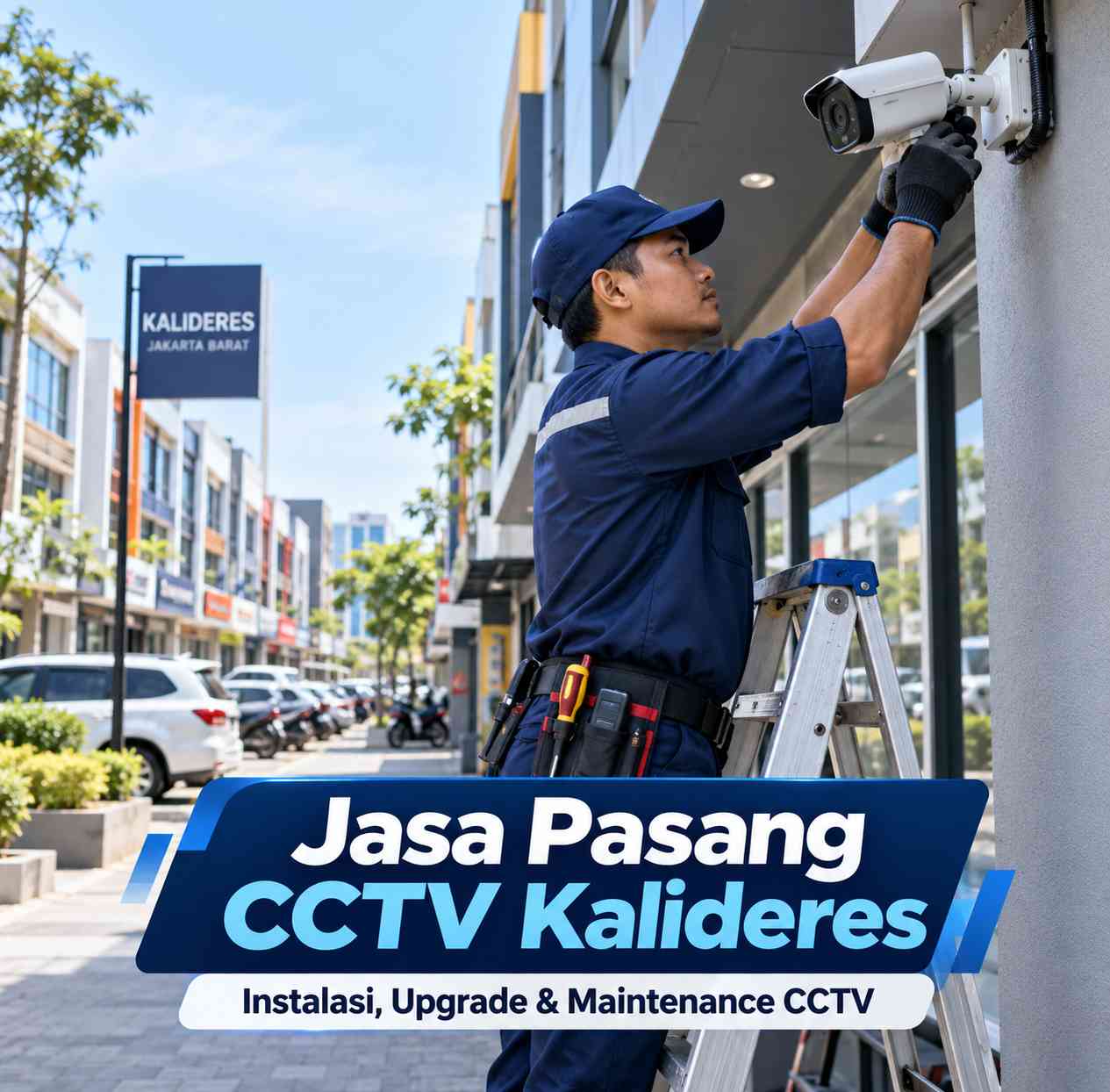 Teknisi jasa pasang CCTV Kalideres sedang memasang kamera CCTV di area ruko Jakarta Barat