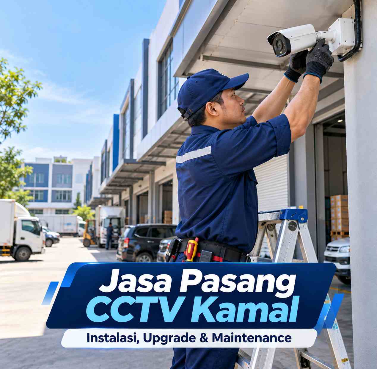 Teknisi jasa pasang CCTV Kamal sedang memasang kamera CCTV di area usaha Kalideres Jakarta Barat