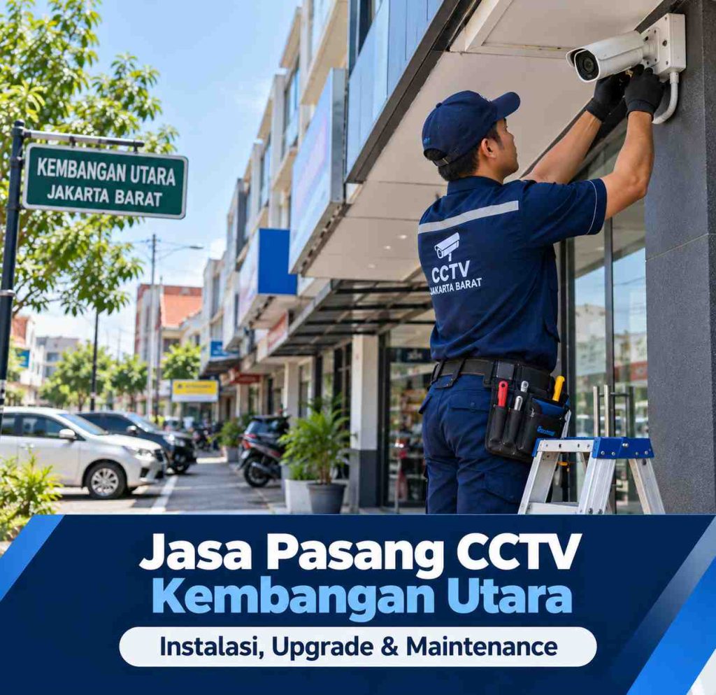 Teknisi jasa pasang CCTV Kembangan Utara sedang memasang kamera CCTV di area ruko Jakarta Barat
