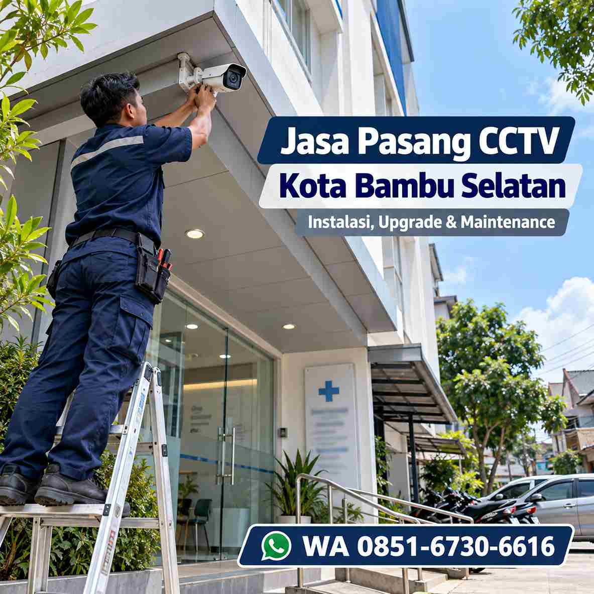 Teknisi jasa pasang CCTV Kota Bambu Selatan memasang kamera CCTV di area kantor Palmerah Jakarta Barat