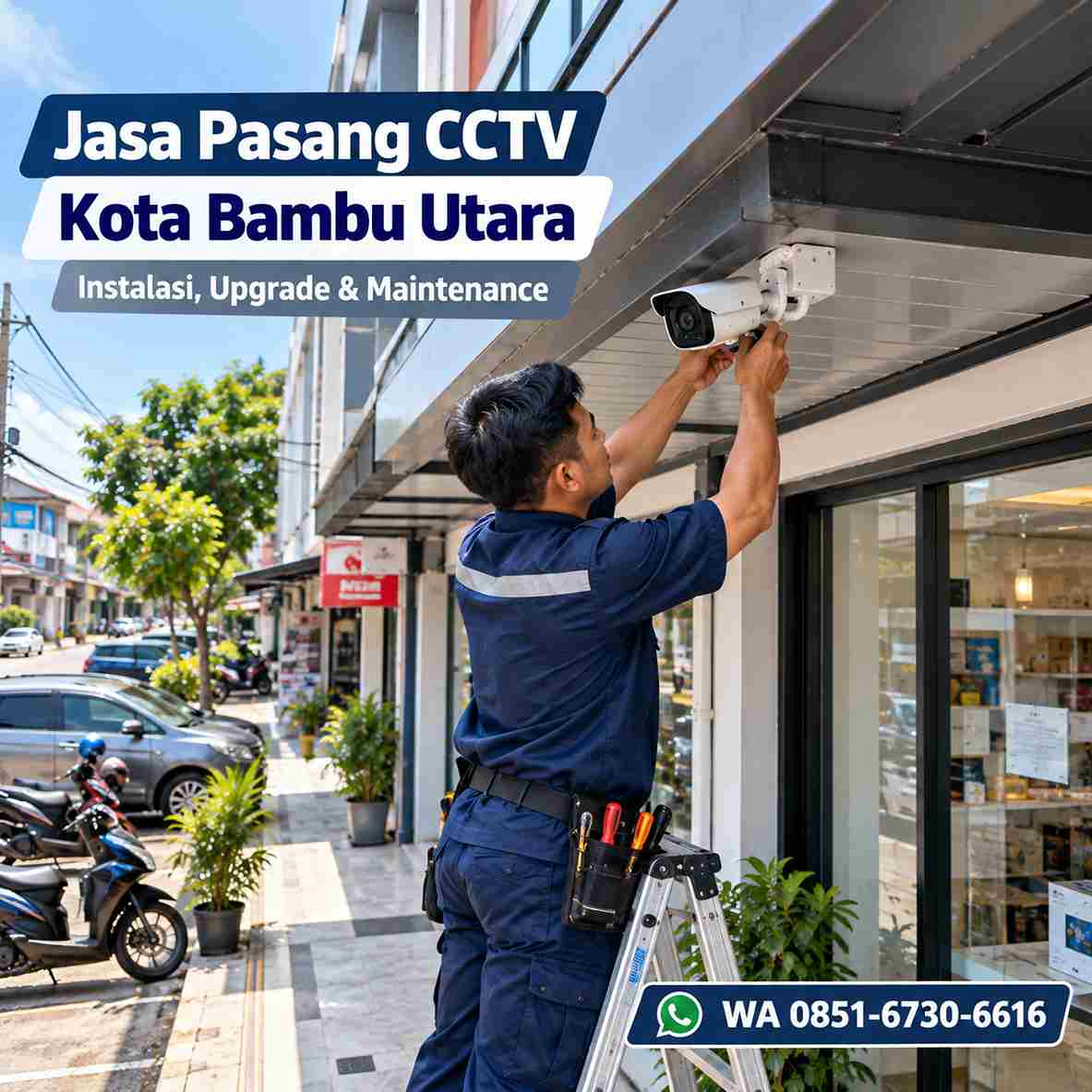 Teknisi jasa pasang CCTV Kota Bambu Utara memasang kamera CCTV di area ruko Palmerah Jakarta Barat