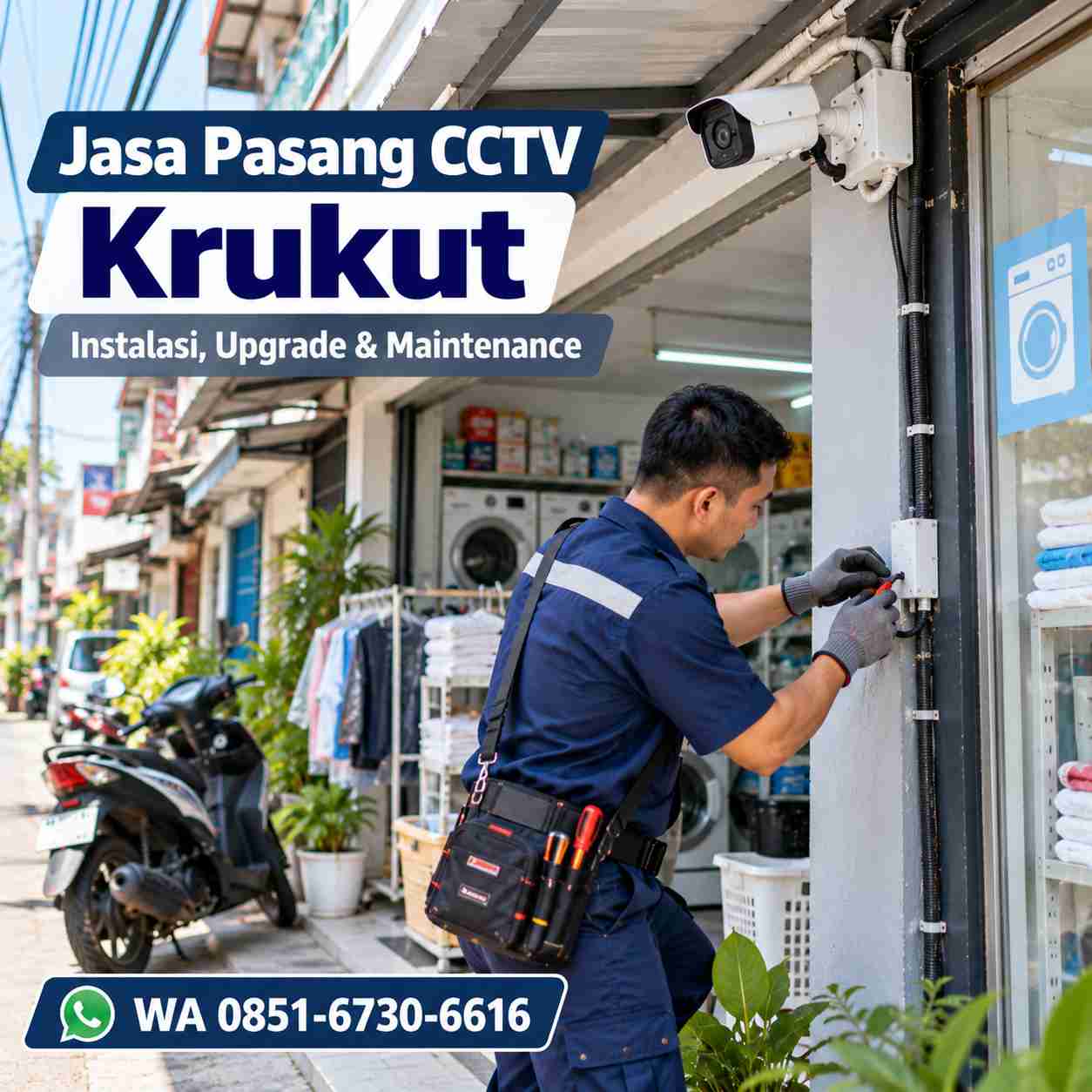 Teknisi jasa pasang CCTV Krukut memasang dan merapikan instalasi kamera CCTV di area usaha Taman Sari Jakarta Barat