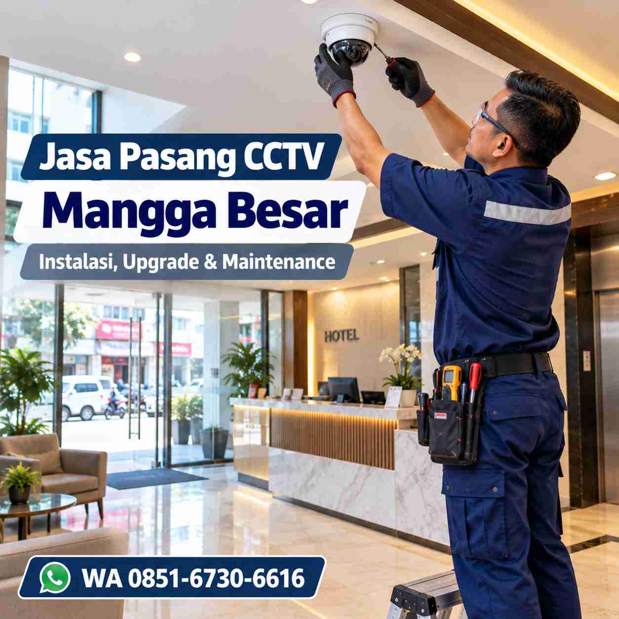 Teknisi jasa pasang CCTV Mangga Besar memasang kamera CCTV di area lobby hotel Taman Sari Jakarta Barat