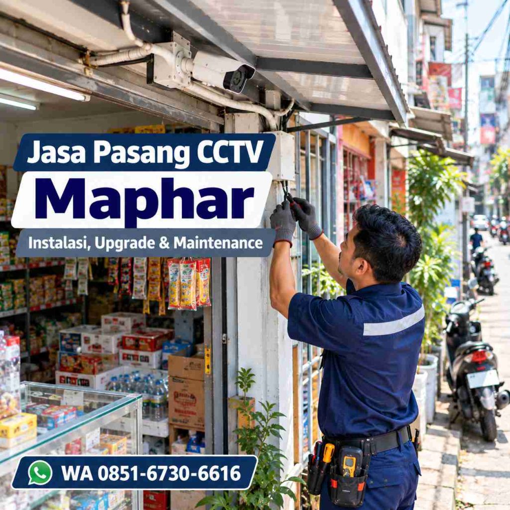 Teknisi jasa pasang CCTV Maphar melakukan pengecekan instalasi kamera CCTV di area usaha Taman Sari Jakarta Barat