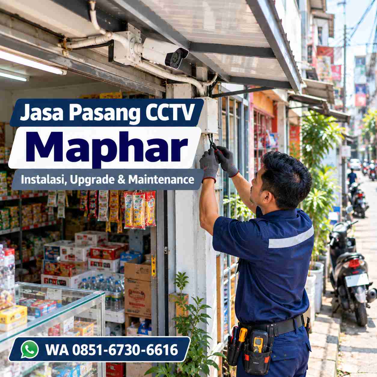 Teknisi jasa pasang CCTV Maphar melakukan pengecekan instalasi kamera CCTV di area usaha Taman Sari Jakarta Barat