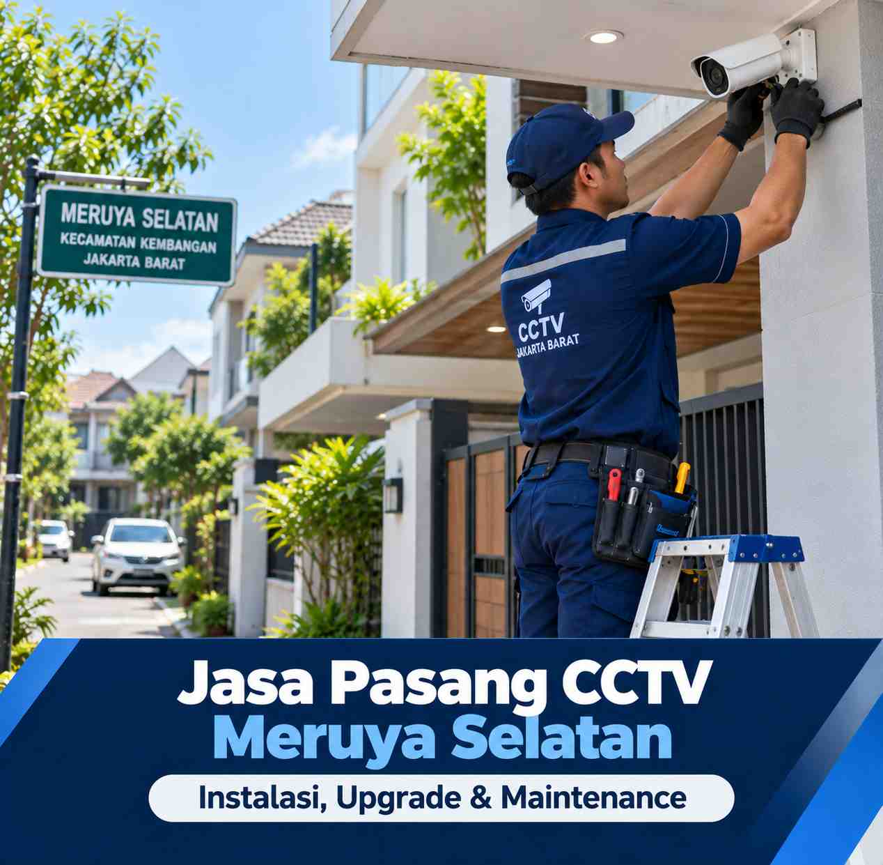 Teknisi jasa pasang CCTV Meruya Selatan sedang memasang kamera CCTV di area hunian Kembangan Jakarta Barat
