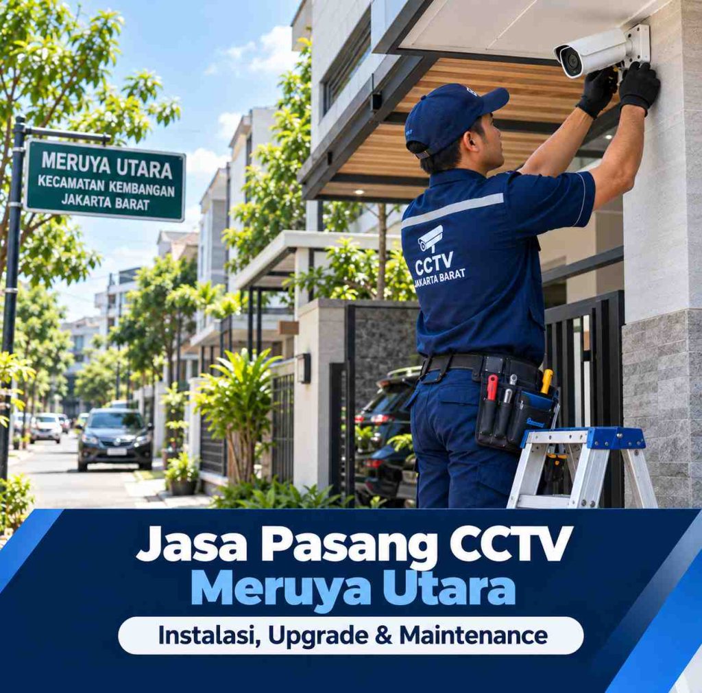 Teknisi jasa pasang CCTV Meruya Utara sedang memasang kamera CCTV di area hunian Kembangan Jakarta Barat