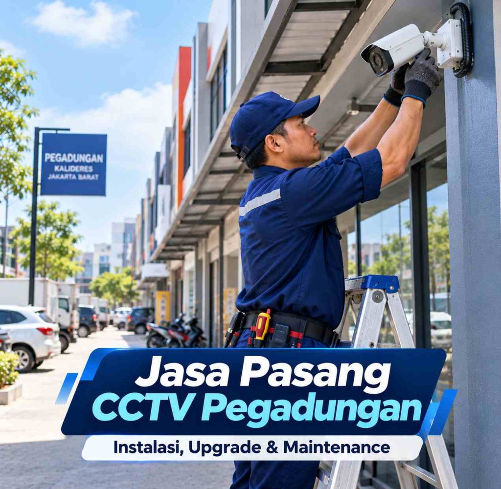 Teknisi jasa pasang CCTV Pegadungan sedang memasang kamera CCTV di area ruko Kalideres Jakarta Barat