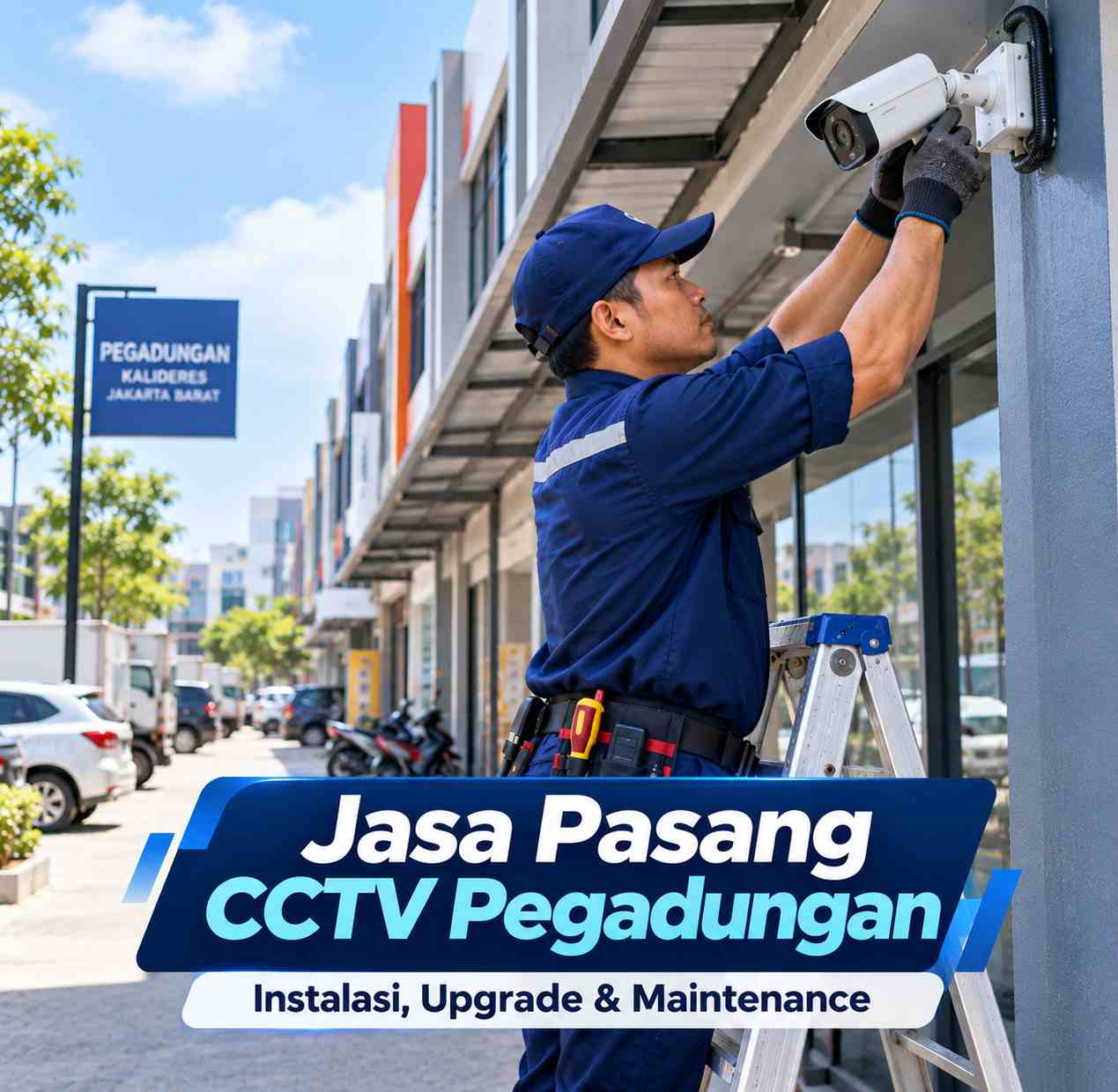 Teknisi jasa pasang CCTV Pegadungan sedang memasang kamera CCTV di area ruko Kalideres Jakarta Barat
