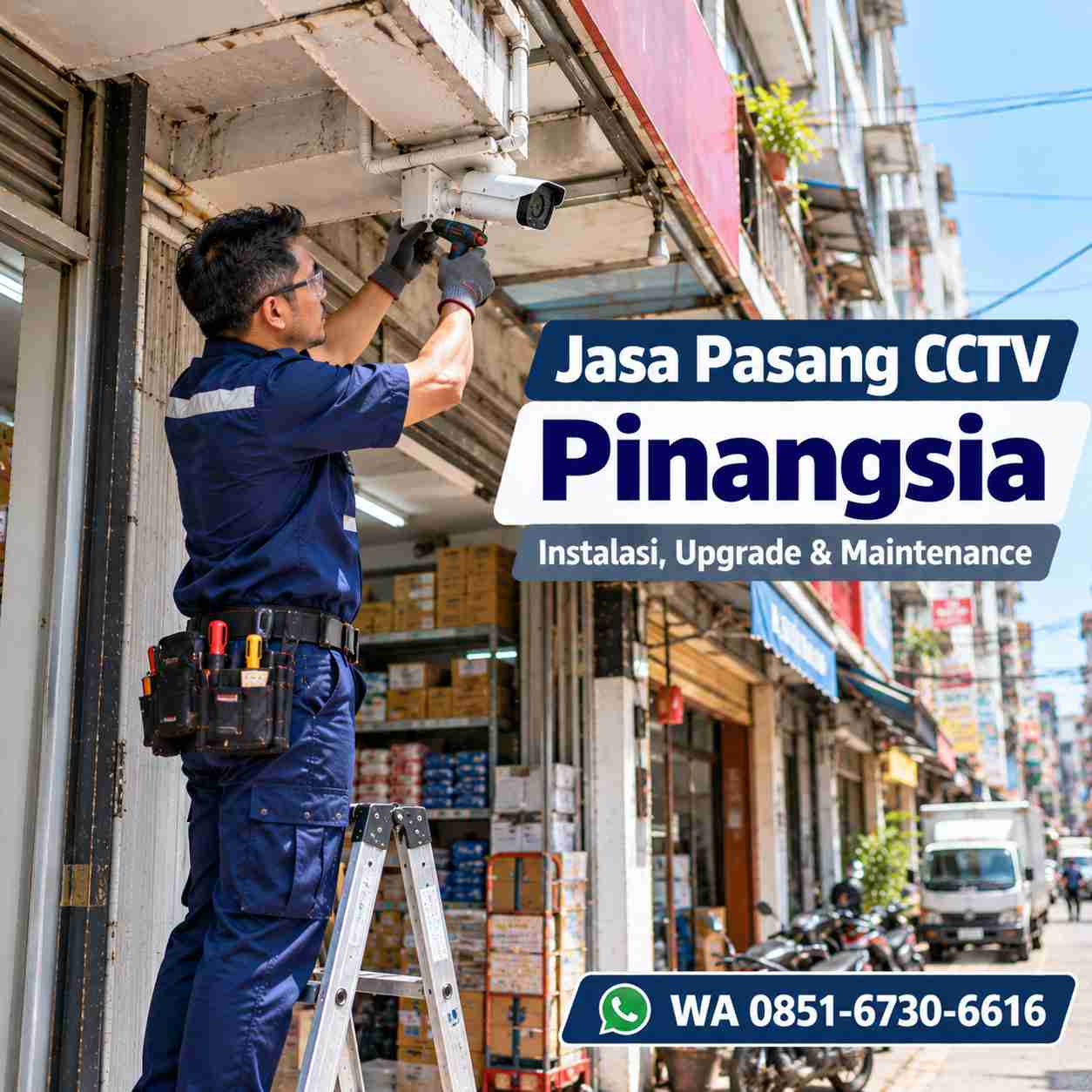 Teknisi jasa pasang CCTV Pinangsia memasang kamera CCTV di ruko perdagangan Taman Sari Jakarta Barat
