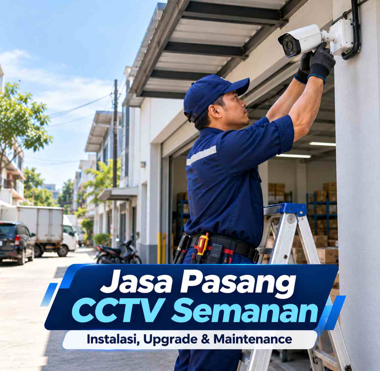 Teknisi jasa pasang CCTV Semanan sedang memasang kamera CCTV di area usaha Kalideres Jakarta Barat