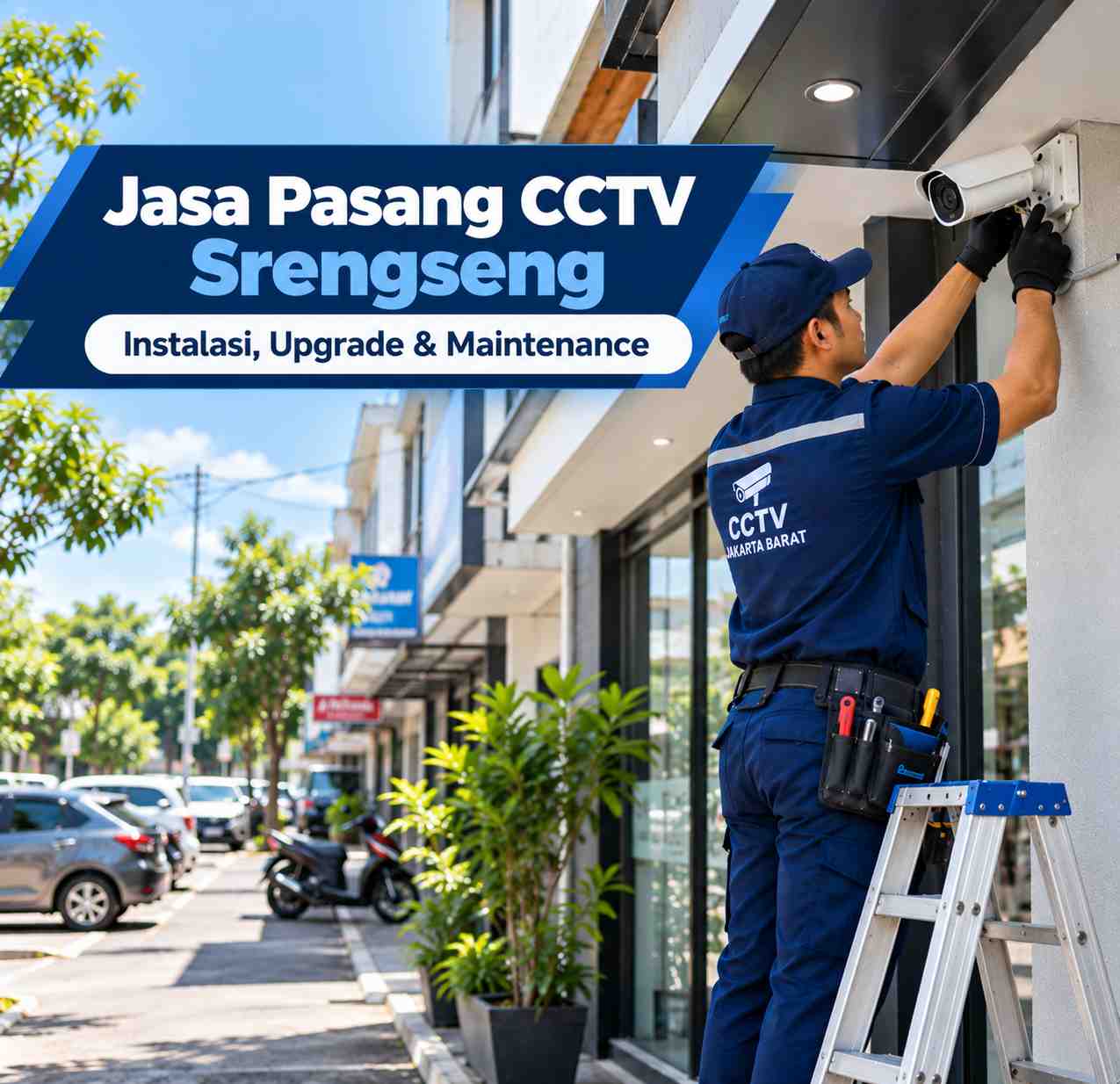 Teknisi jasa pasang CCTV Srengseng sedang memasang kamera CCTV di area usaha Kembangan Jakarta Barat
