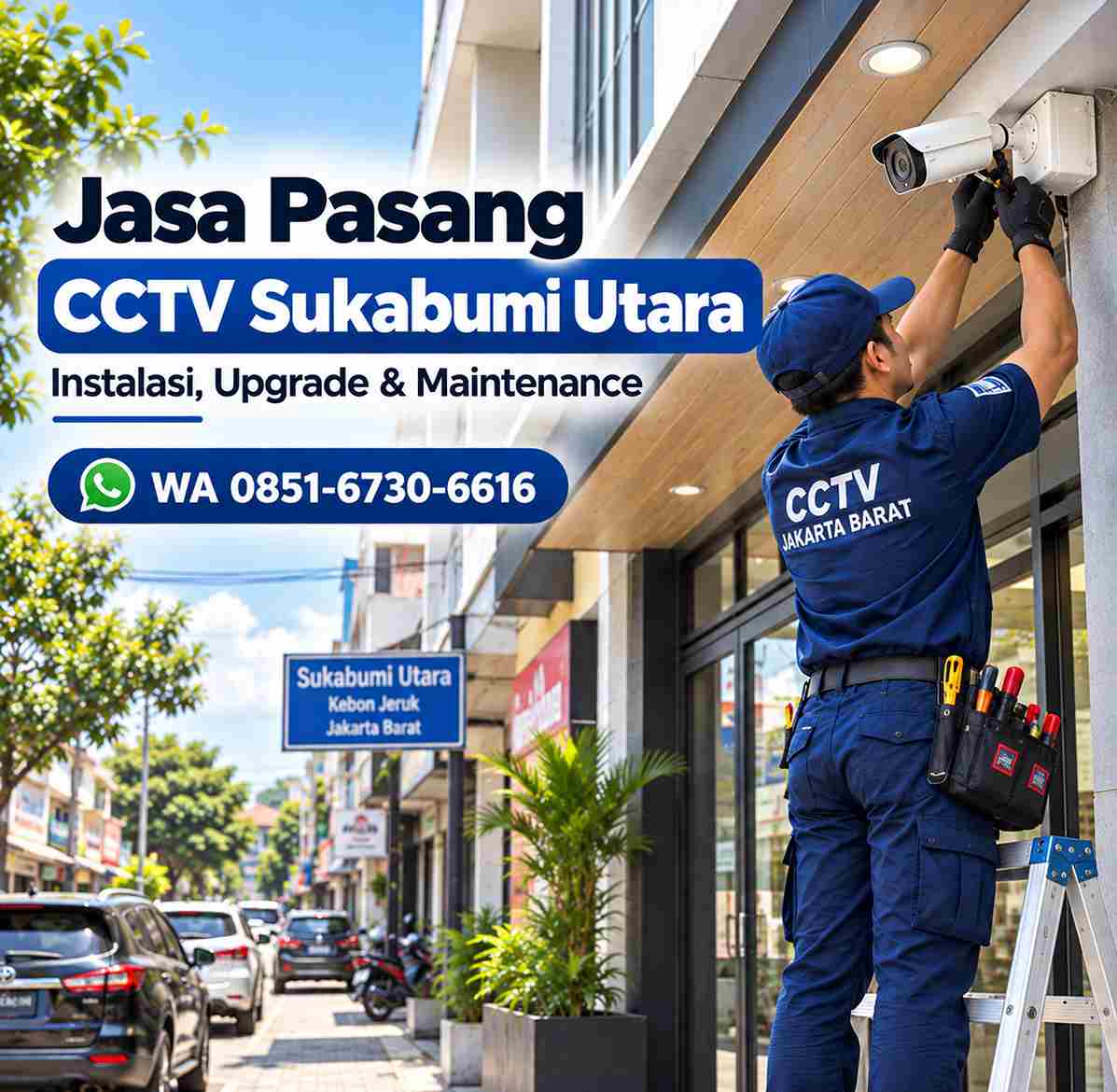 Teknisi jasa pasang CCTV Sukabumi Utara memasang kamera CCTV di area Kebon Jeruk Jakarta Barat