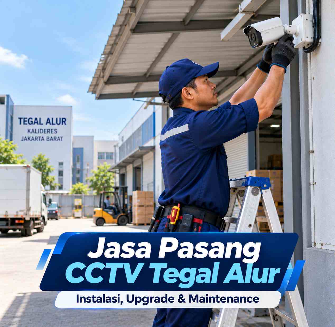 Teknisi jasa pasang CCTV Tegal Alur sedang memasang kamera CCTV di area gudang Kalideres Jakarta Barat