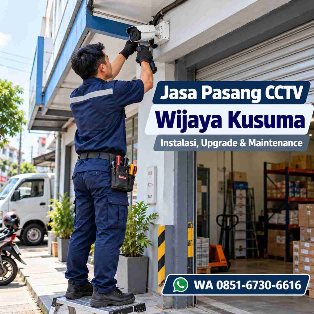 Teknisi jasa pasang CCTV Wijaya Kusuma memasang kamera CCTV di area usaha Grogol Petamburan Jakarta Barat