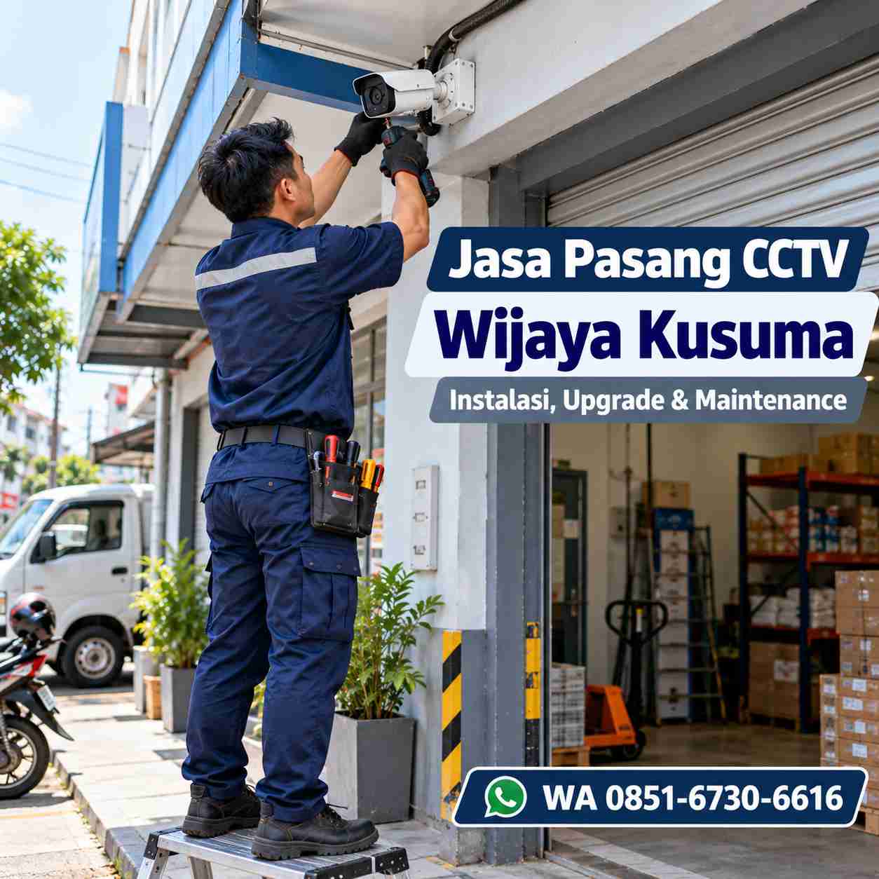 Teknisi jasa pasang CCTV Wijaya Kusuma memasang kamera CCTV di area usaha Grogol Petamburan Jakarta Barat