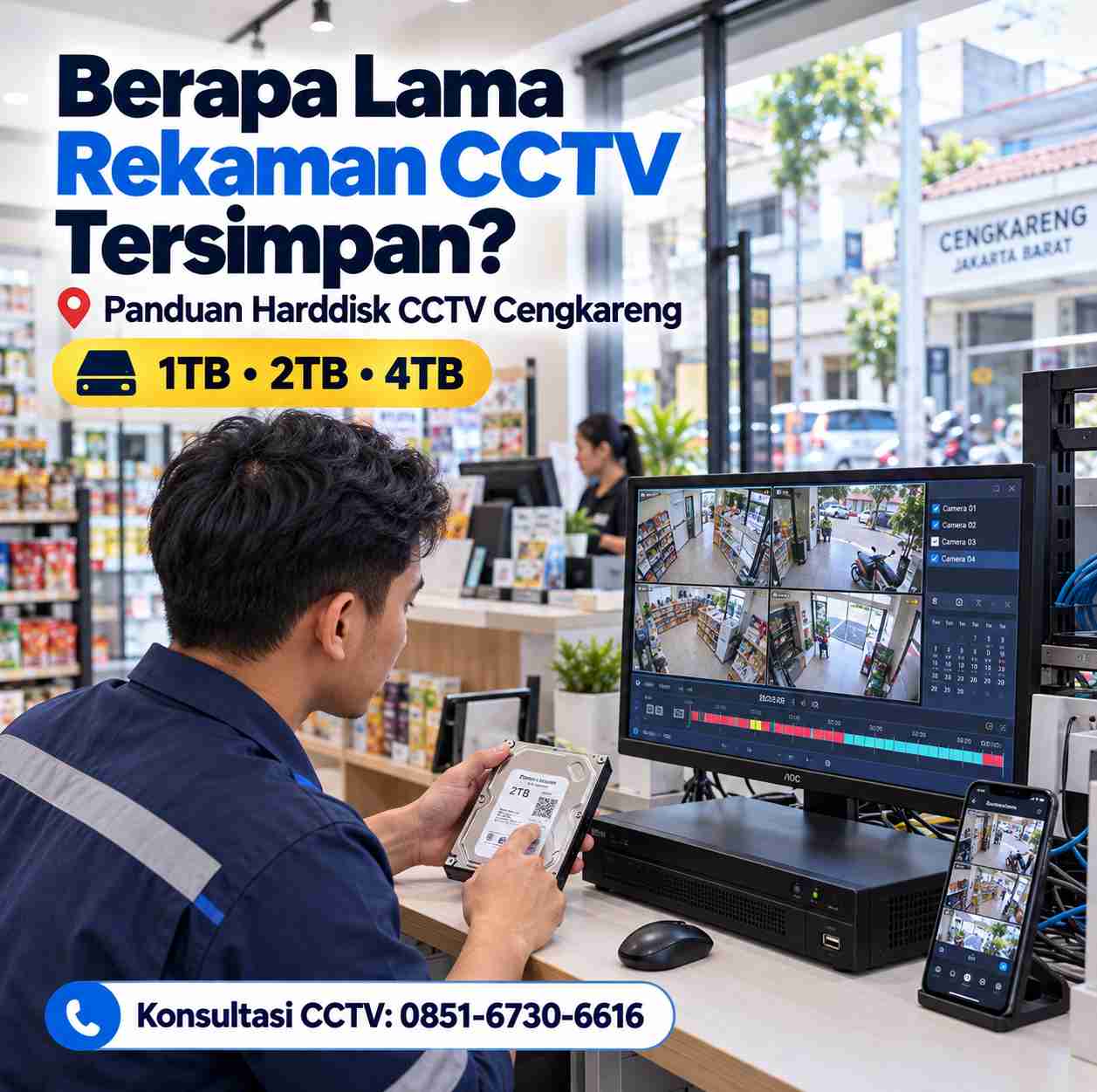 Teknisi mengecek kapasitas harddisk dan lama penyimpanan rekaman CCTV rumah dan usaha di Cengkareng Jakarta Barat