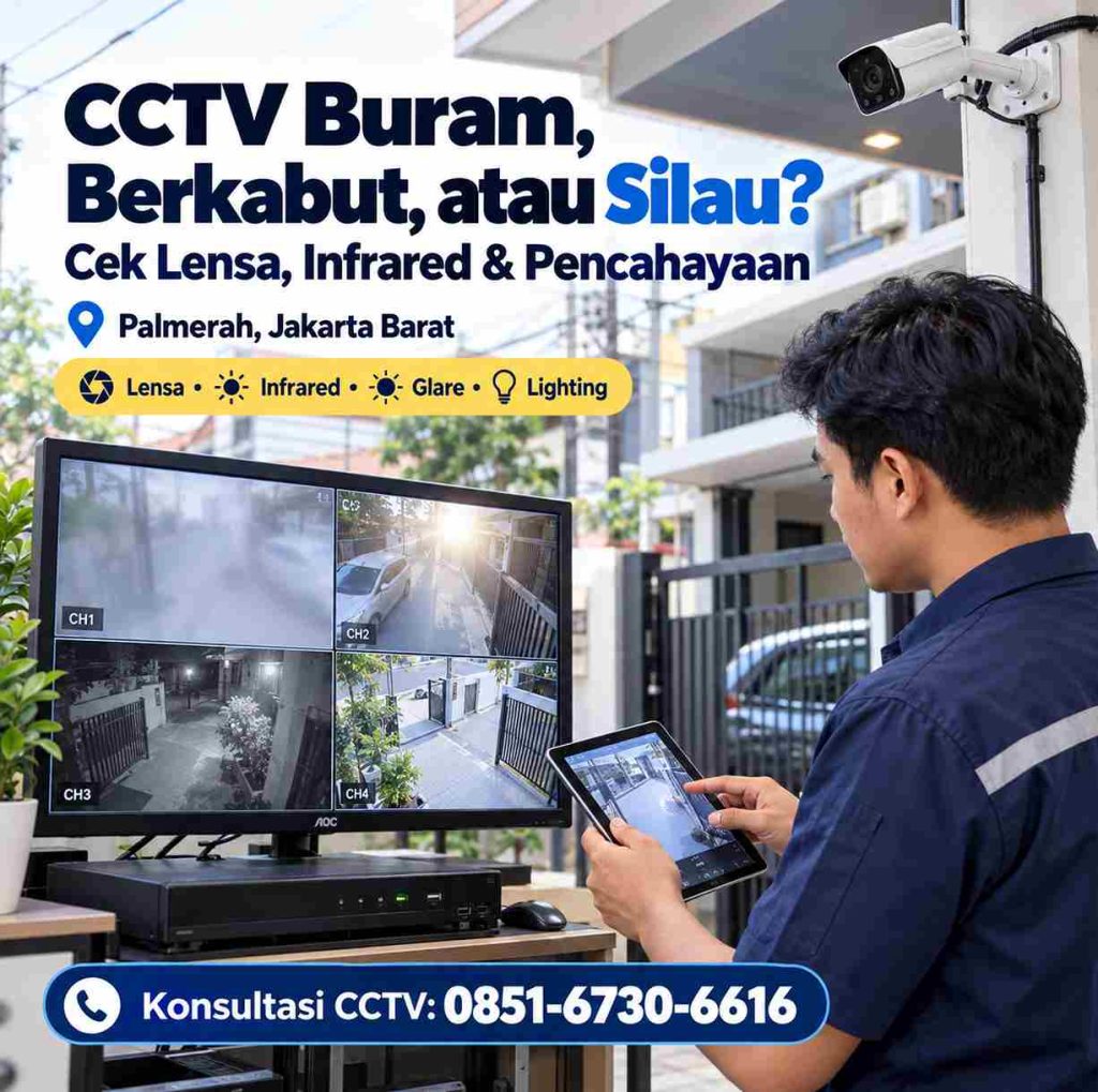 Teknisi mengecek CCTV buram, berkabut, dan silau akibat infrared dan pencahayaan di Palmerah Jakarta Barat