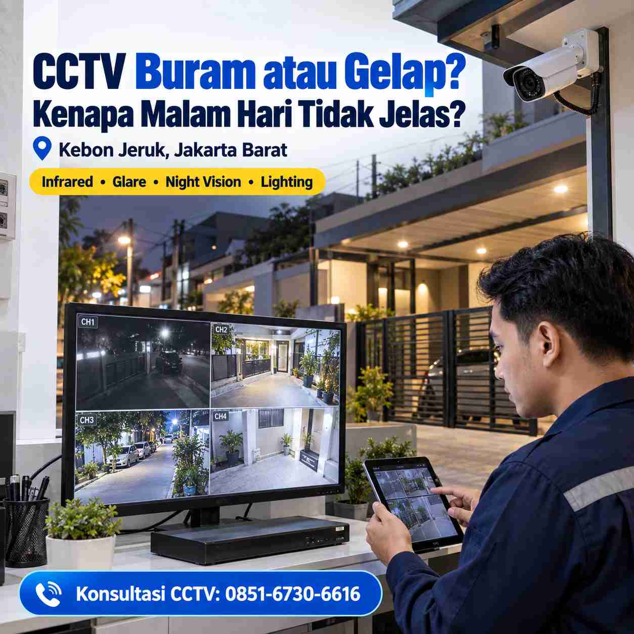 Teknisi mengecek CCTV buram dan gelap di malam hari untuk rumah dan usaha di Kebon Jeruk Jakarta Barat