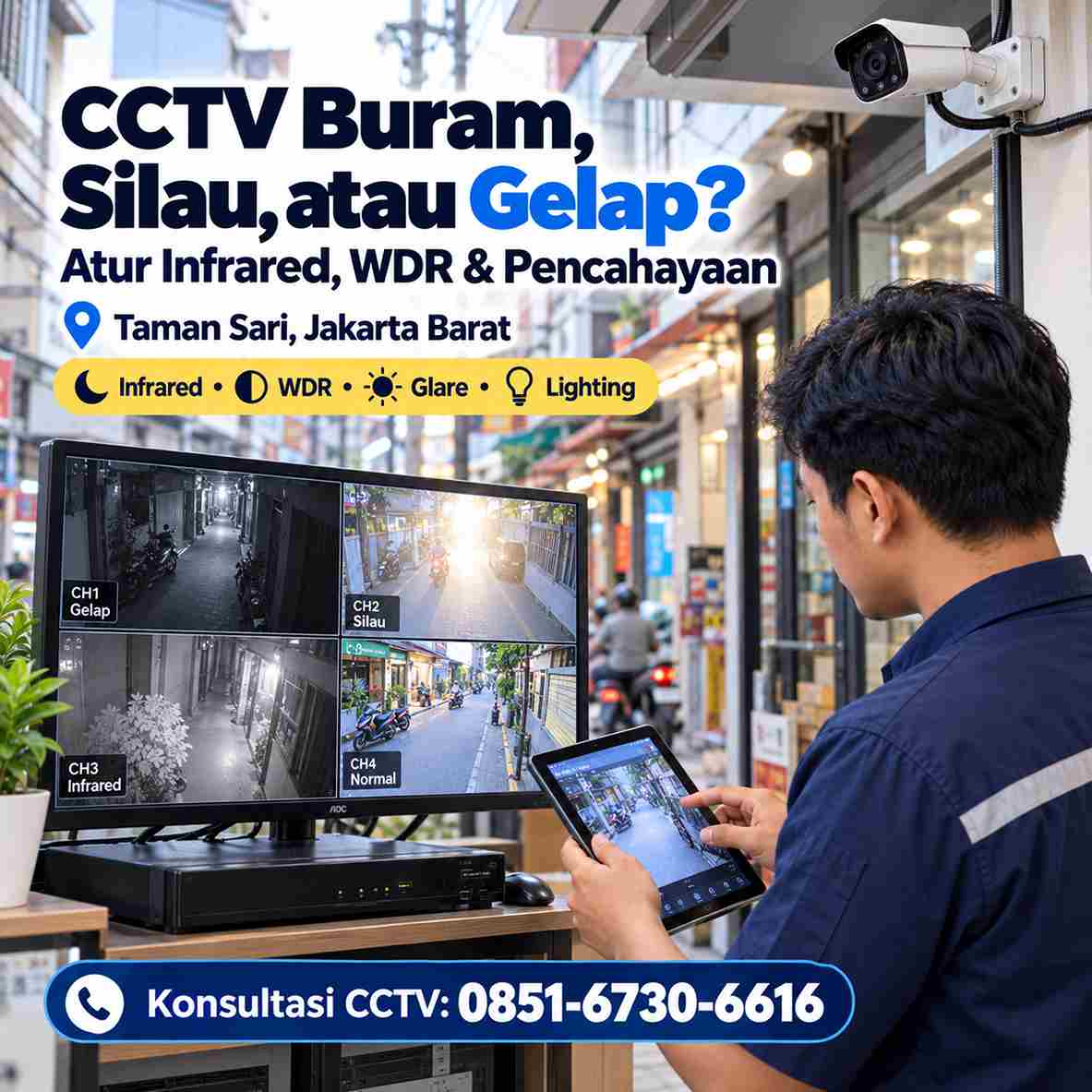 Teknisi mengecek CCTV buram, silau, dan gelap akibat infrared dan pencahayaan di Taman Sari Jakarta Barat