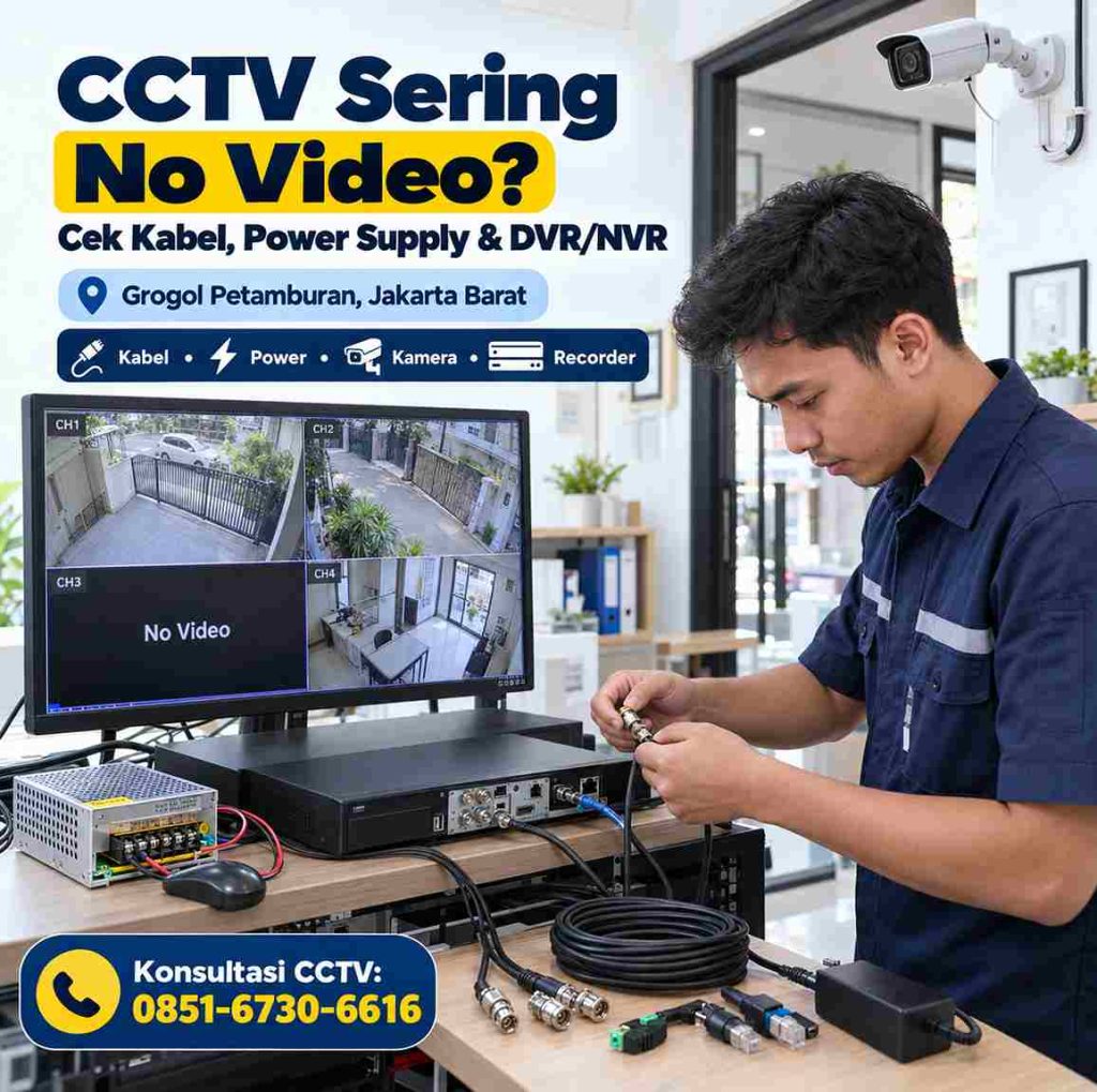 Teknisi mengecek CCTV No Video dan kamera mati hidup akibat kabel dan power supply di Grogol Petamburan Jakarta Barat