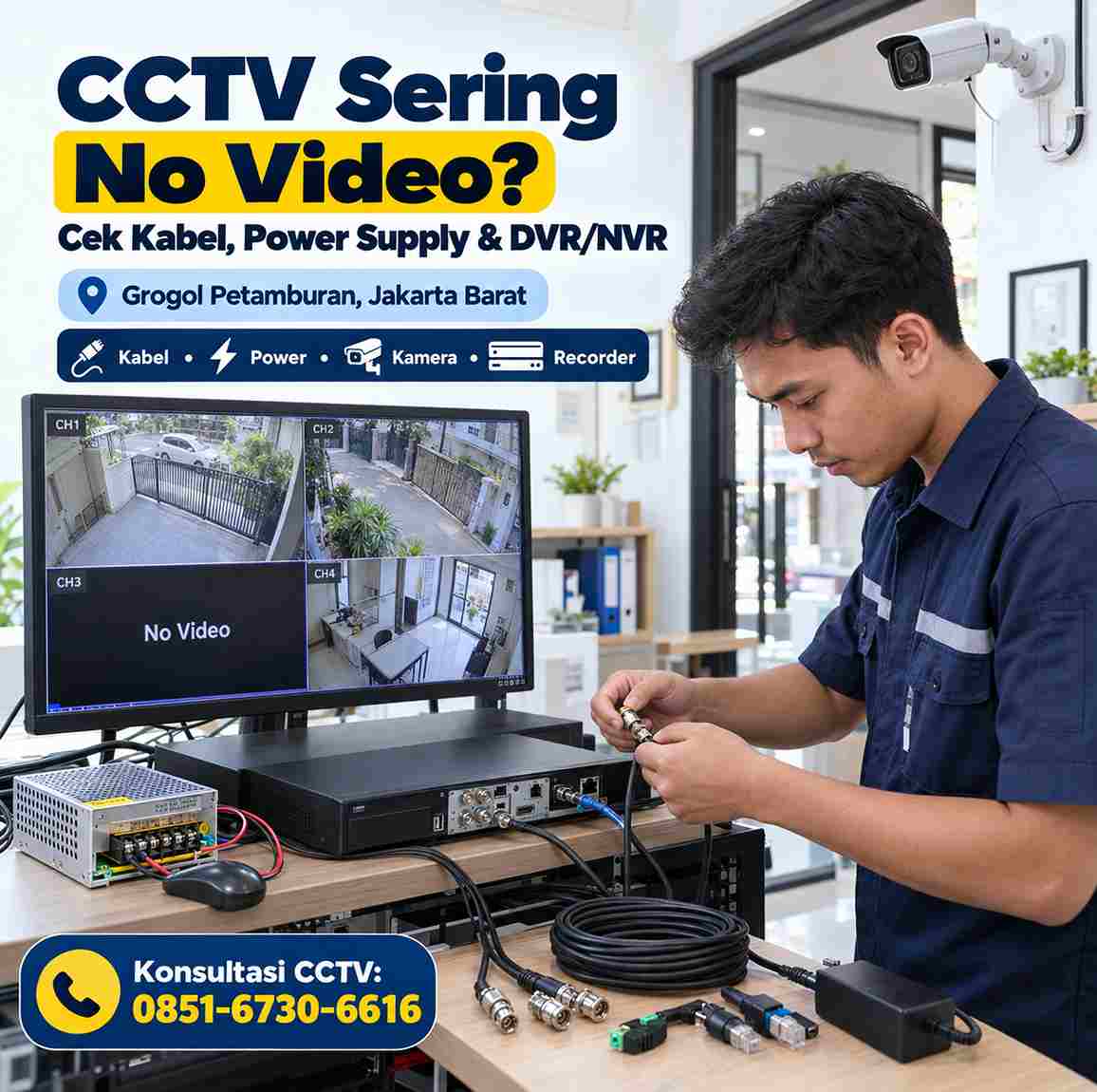 Teknisi mengecek CCTV No Video dan kamera mati hidup akibat kabel dan power supply di Grogol Petamburan Jakarta Barat