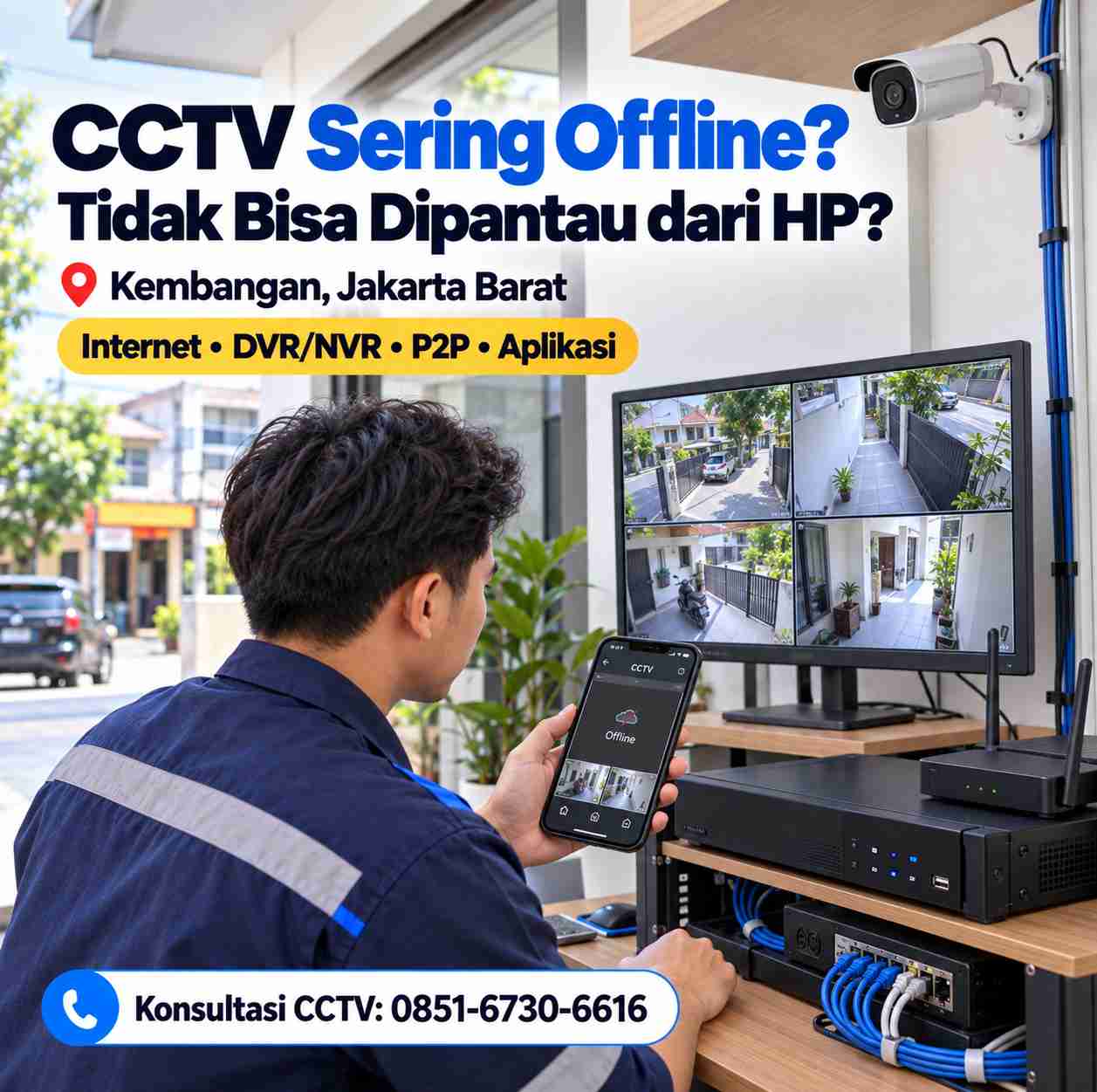 Teknisi mengecek CCTV offline dan monitoring HP untuk rumah dan usaha di Kembangan Jakarta Barat