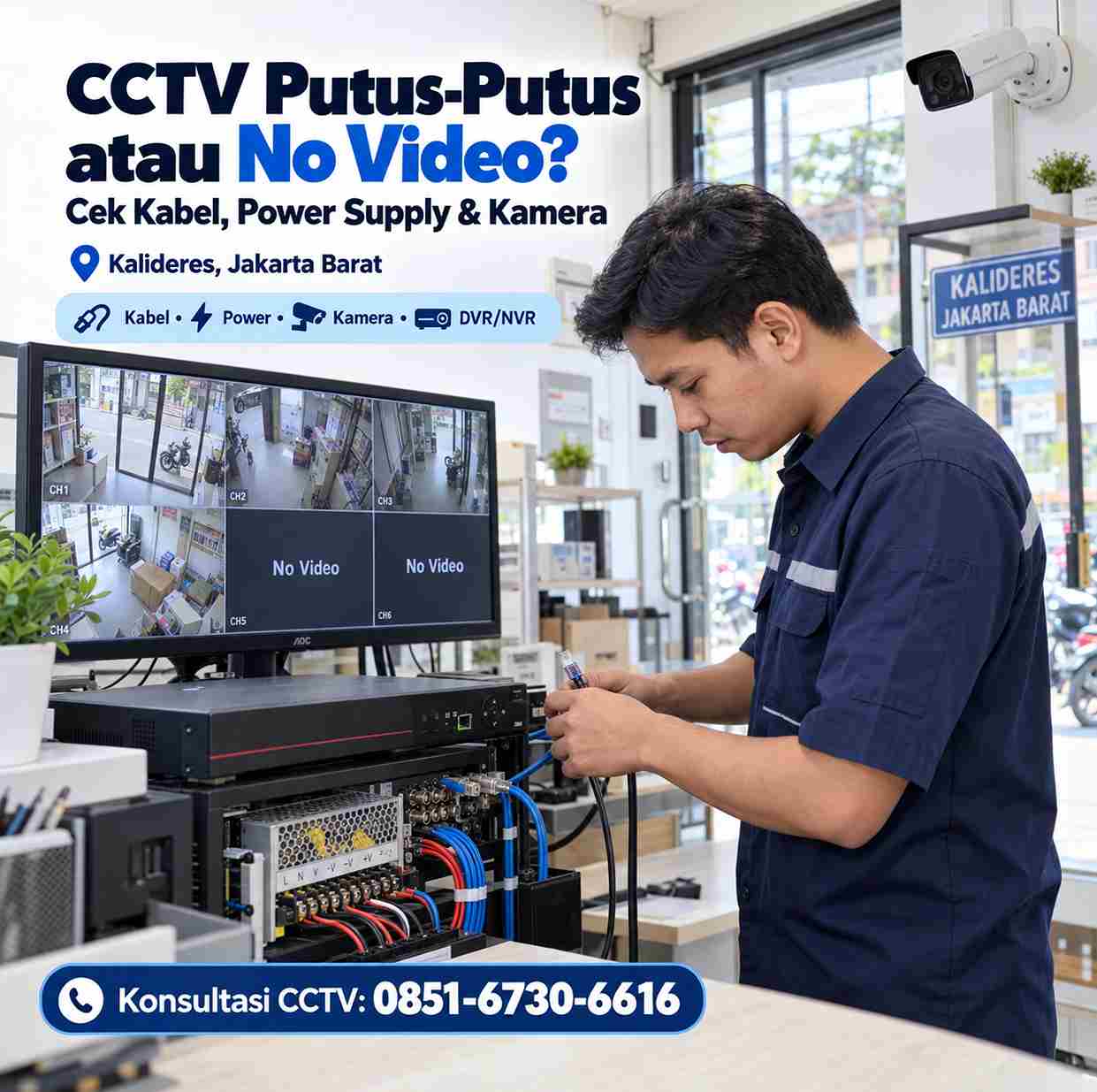 Teknisi mengecek CCTV putus-putus dan No Video akibat kabel dan power supply di Kalideres Jakarta Barat
