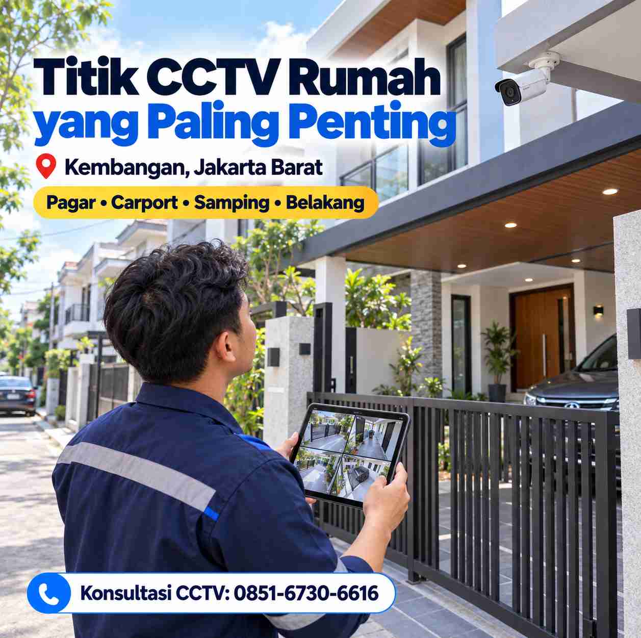 Teknisi menentukan titik pemasangan CCTV rumah di Kembangan Jakarta Barat