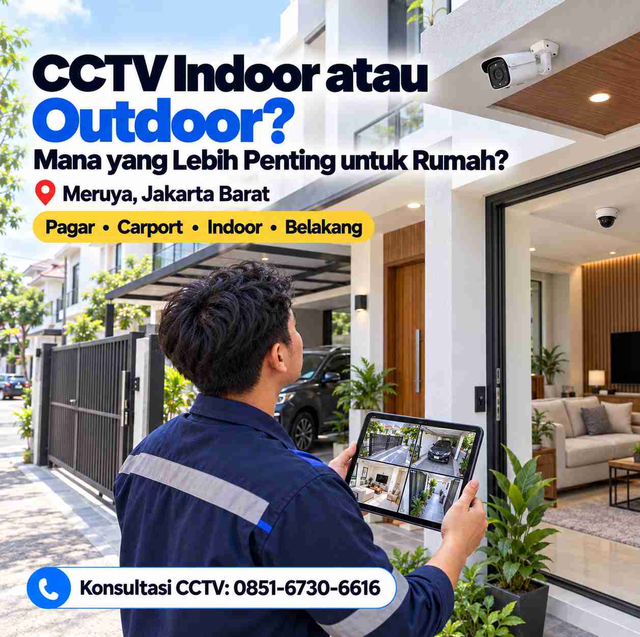 Teknisi membandingkan titik pemasangan CCTV indoor dan outdoor untuk rumah di Meruya Jakarta Barat