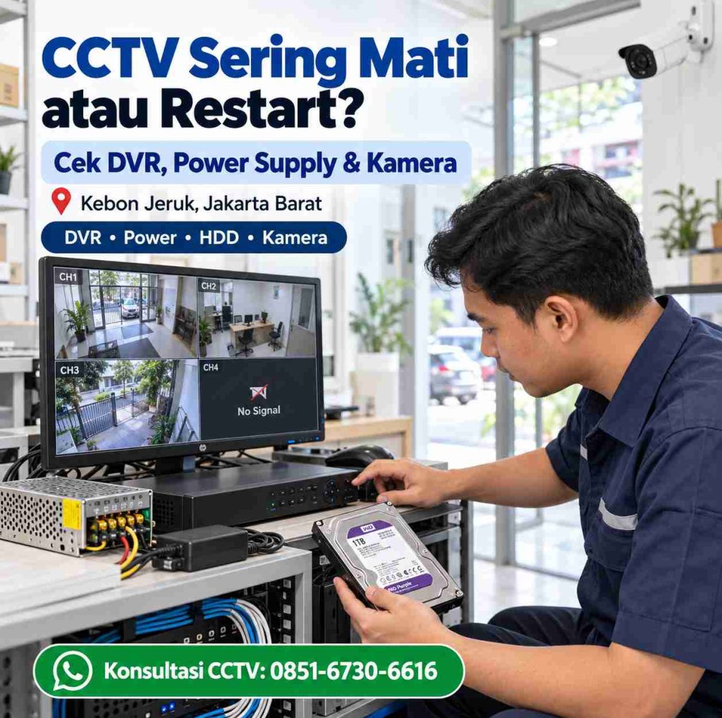 Teknisi mengecek DVR dan power supply CCTV yang sering mati atau restart di Kebon Jeruk Jakarta Barat