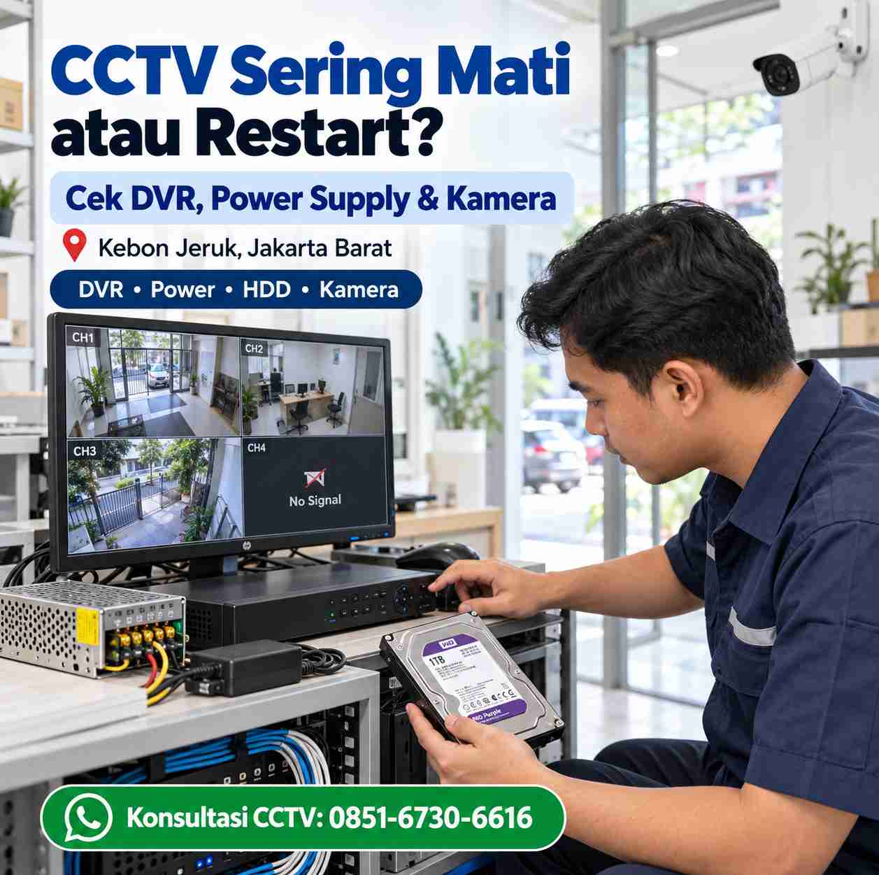 Teknisi mengecek DVR dan power supply CCTV yang sering mati atau restart di Kebon Jeruk Jakarta Barat