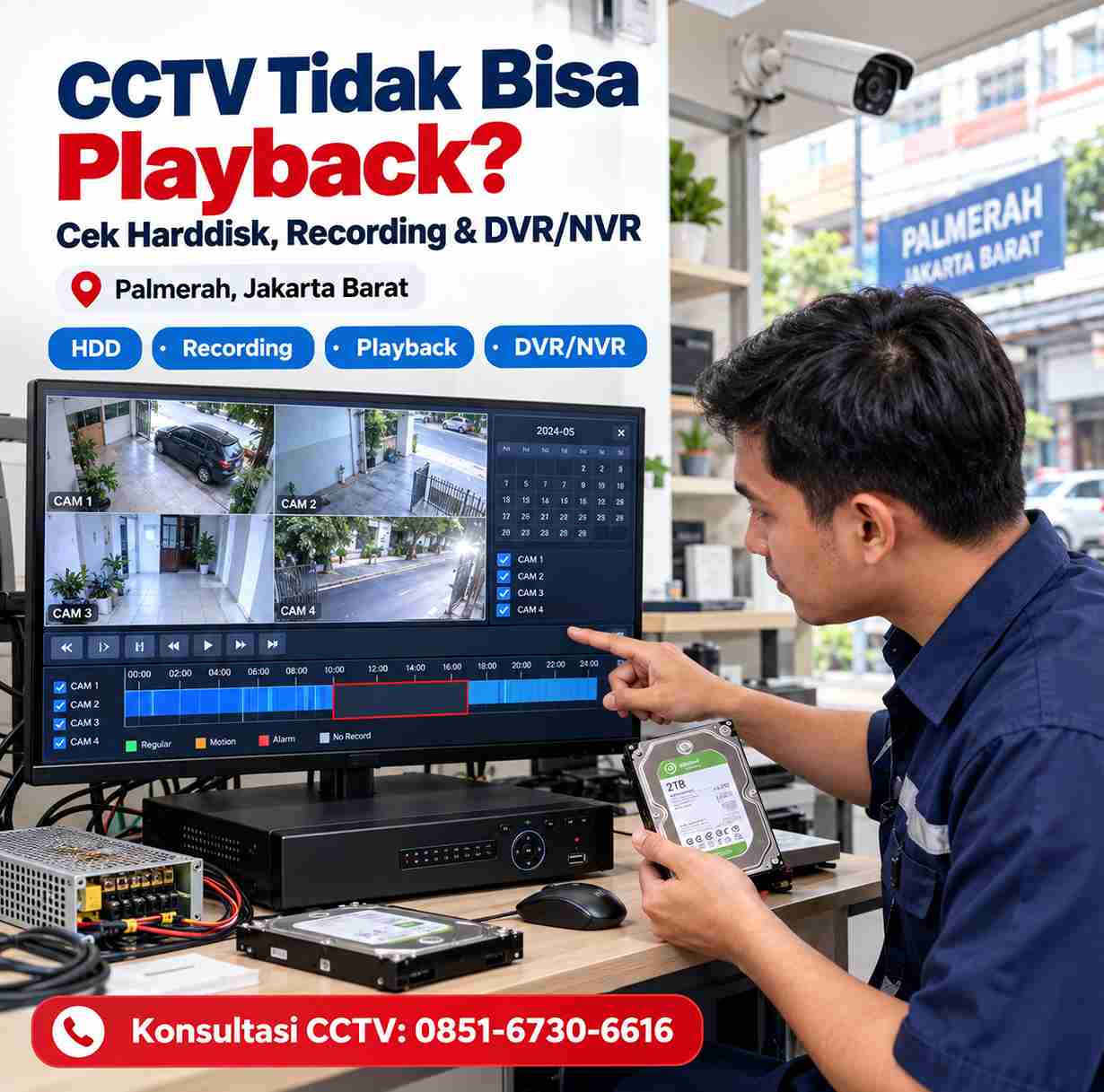 Teknisi mengecek CCTV yang tidak bisa playback akibat harddisk dan DVR NVR bermasalah di Palmerah Jakarta Barat