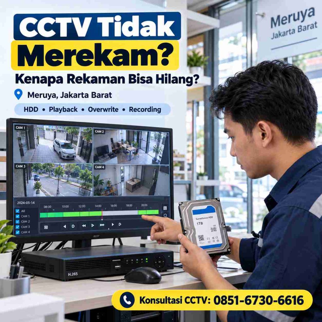 Teknisi mengecek rekaman CCTV hilang dan harddisk recorder untuk rumah dan usaha di Meruya Jakarta Barat