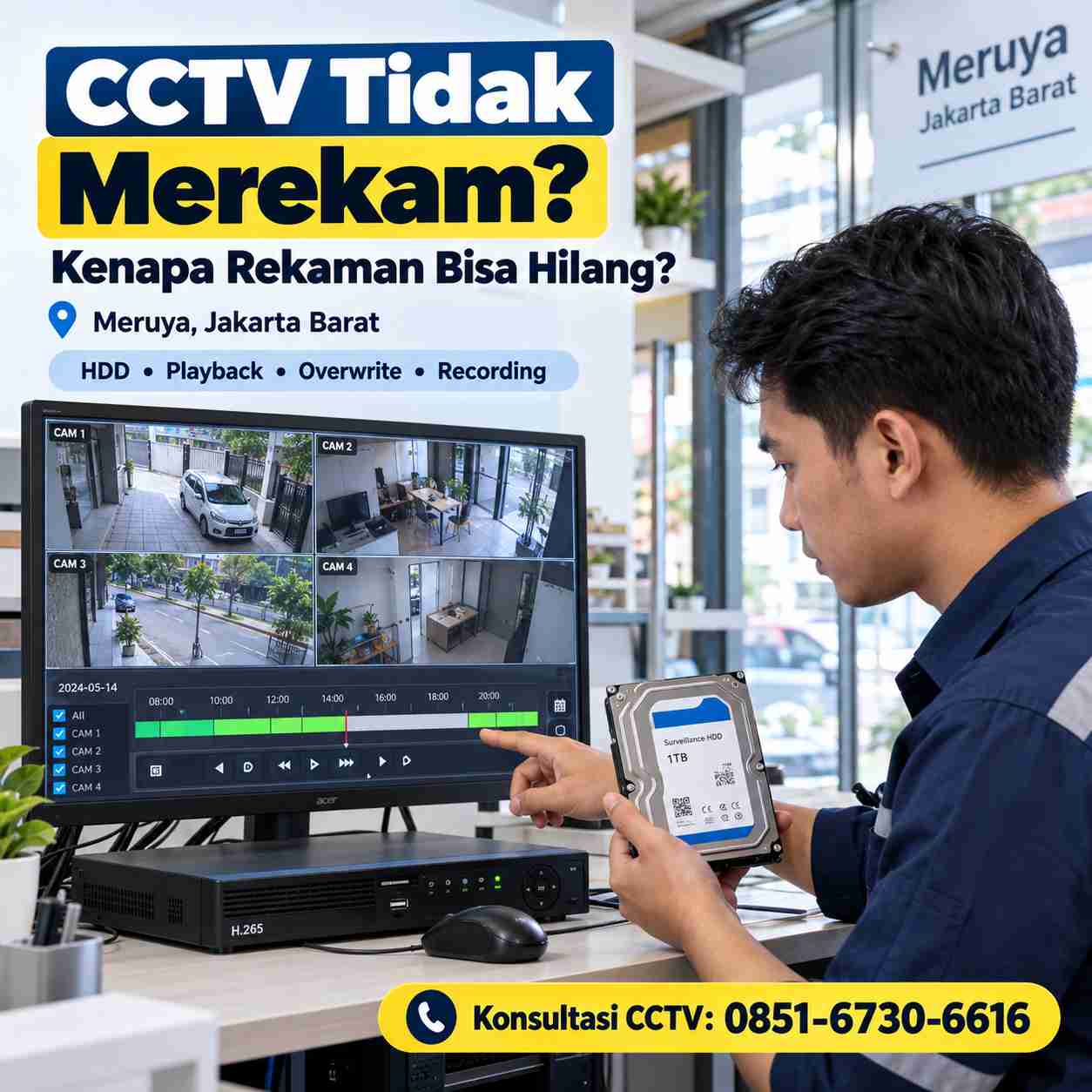 Teknisi mengecek rekaman CCTV hilang dan harddisk recorder untuk rumah dan usaha di Meruya Jakarta Barat