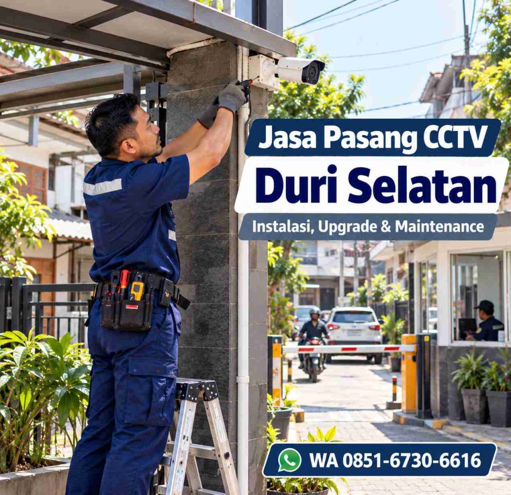 Teknisi jasa pasang CCTV Duri Selatan memasang kamera CCTV di gerbang lingkungan Tambora Jakarta Barat