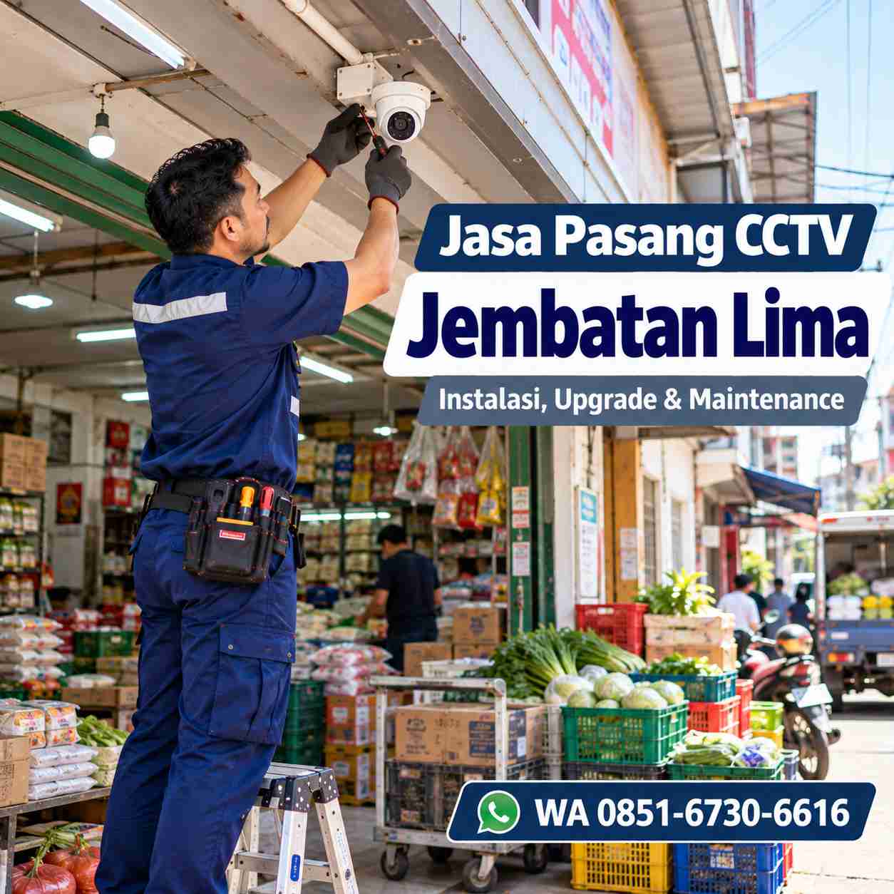 Teknisi jasa pasang CCTV Jembatan Lima memasang kamera CCTV di area perdagangan Tambora Jakarta Barat