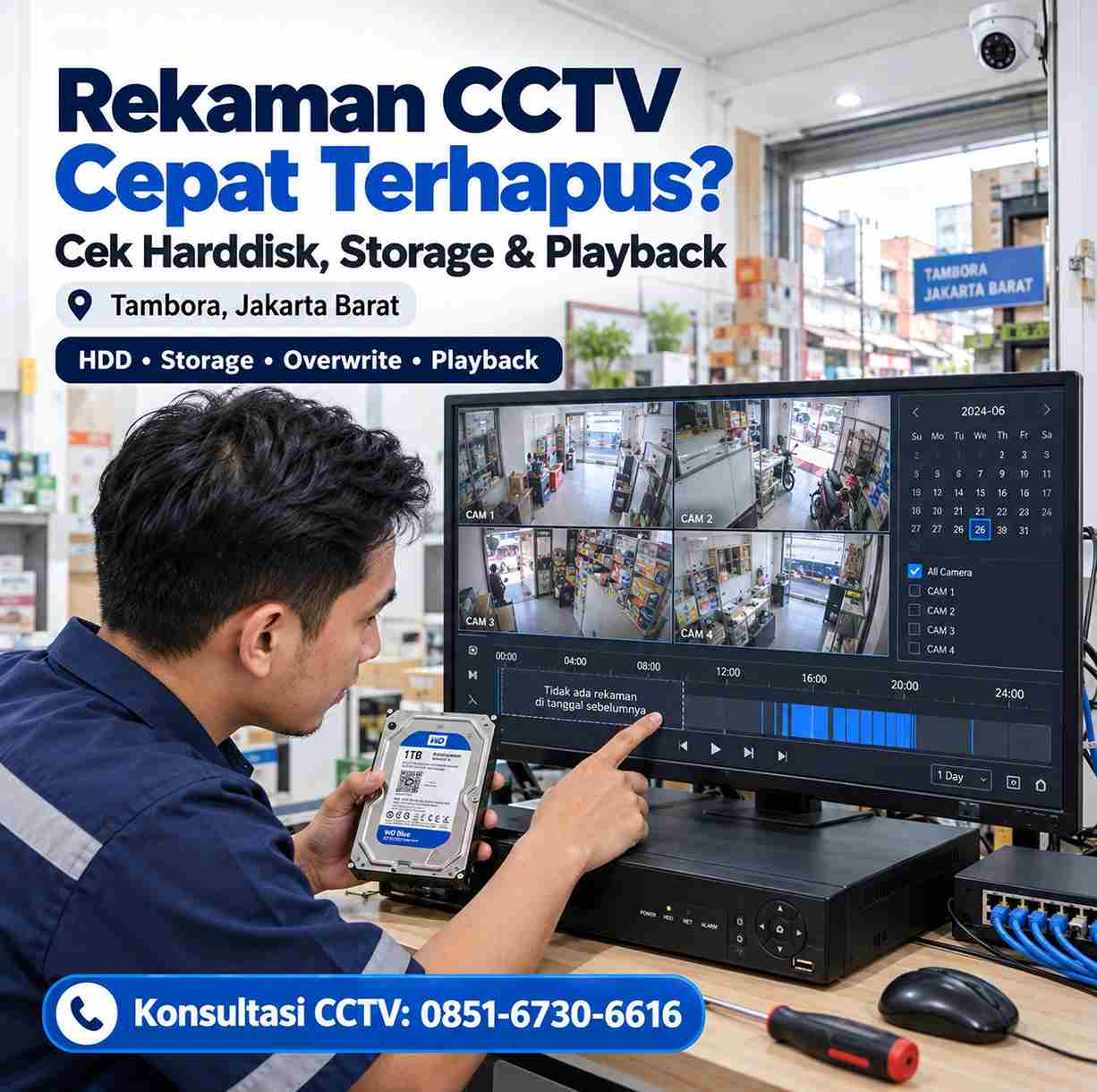 Teknisi mengecek harddisk dan durasi rekaman CCTV yang cepat terhapus di Tambora Jakarta Barat