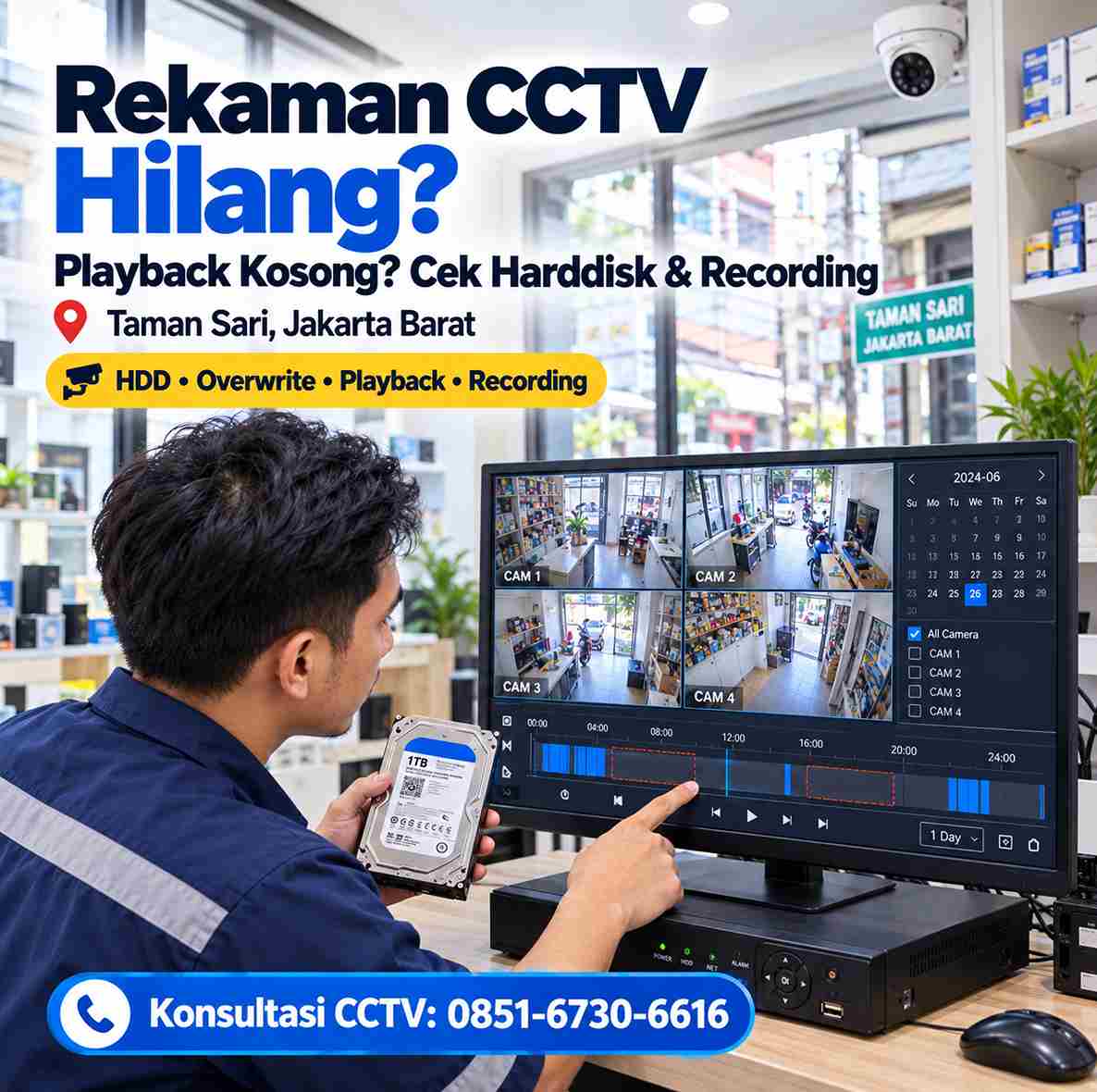 Teknisi mengecek rekaman CCTV hilang dan playback kosong akibat harddisk di Taman Sari Jakarta Barat